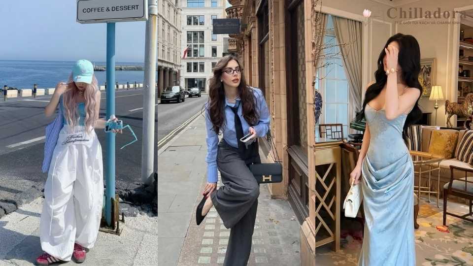 phối đồ với túi xách màu xanh dương