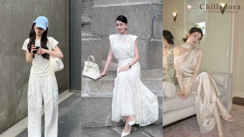 phối đồ với túi xách màu trắng