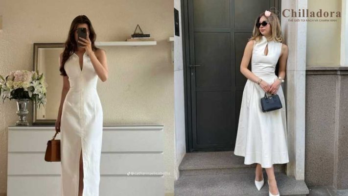 phối túi xách với đầm trắng