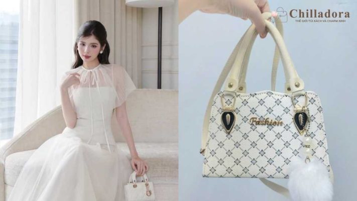 phối túi xách với đầm trắng