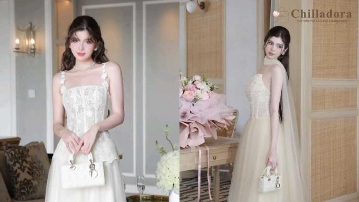 phối túi xách với đầm trắng
