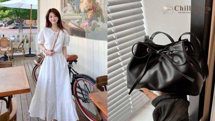 phối túi xách với đầm trắng